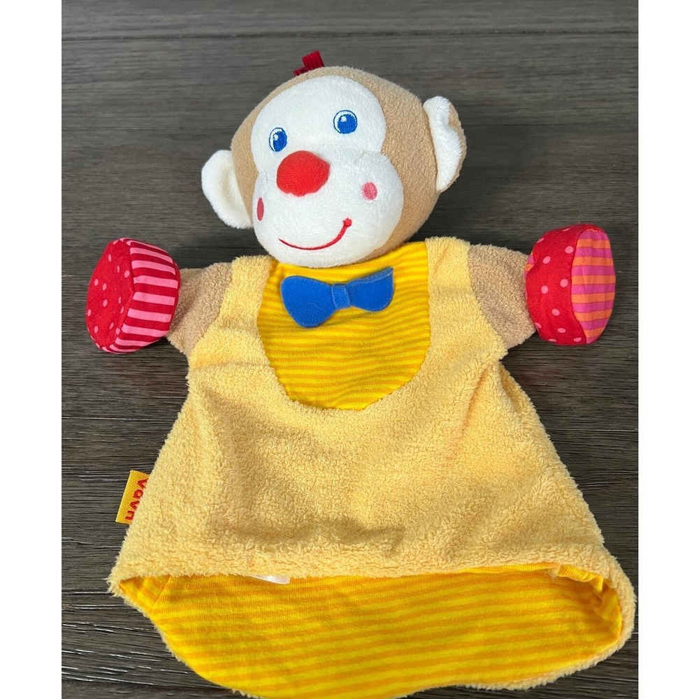 HABA Monkey Hand Puppet Plush Yellow Blue Bow Tie Soft Toy Storytelling Baby Toy